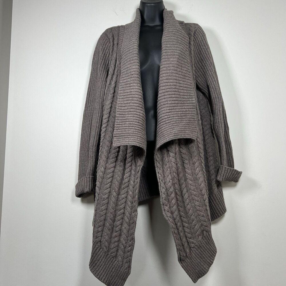 Central Park West New York Wool Cotton Size M Gray Cable Cardigan Sweater Women